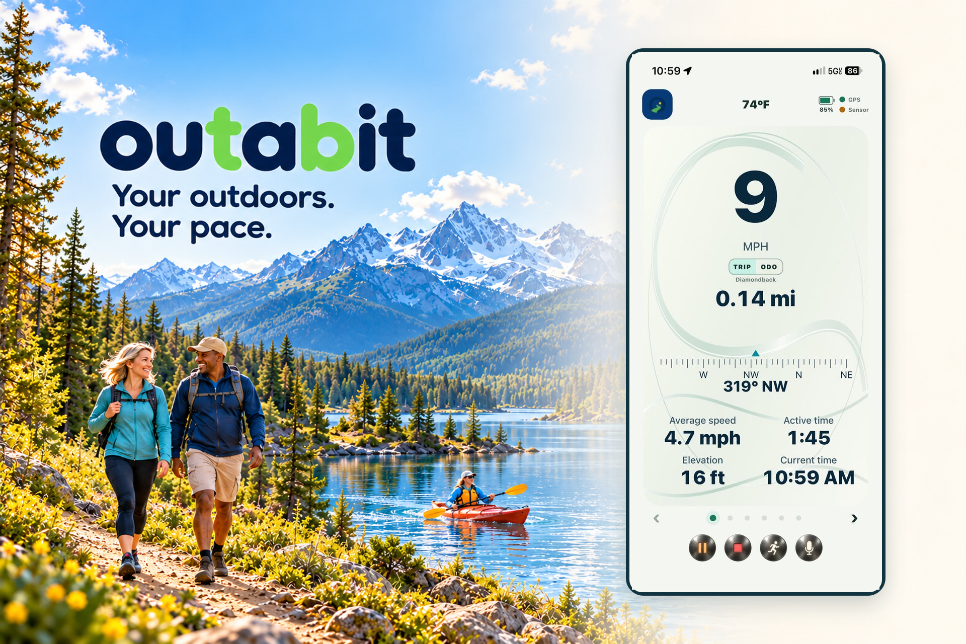 outabit: Your outdoors. Your pace. Mountain and lake artwork with hikers, a kayaker, and an outabit dashboard showing speed, trip distance, compass heading and active time.